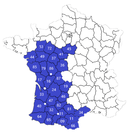 Carte des départements français bleués: Ouest et Sud-Ouest Carte de France: 31 départements de l'ouest et sud-ouest en bleu avec leurs numéros (ex: 44, 85, 33, 64, 79, 87, 45, 34, 66). Le reste est blanc.