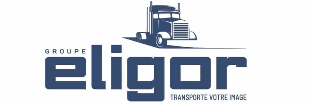 Groupe Eligor : Transport routier, logo semi-remorque stylisée Logo du Groupe Eligor avec une semi-remorque bleue stylisée, texte "GROUPE eligor" et slogan "TRANSPORTE VOTRE IMAGE".
