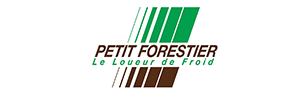 Petit Forester : Votre spécialiste de la location de froid Logo Petit Forester, 'Le Loueur de Froid', avec motif de barres inclinées vertes et marron, évoquant la forêt et la réfrigération.